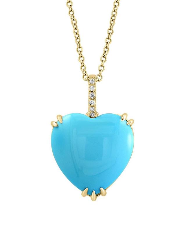 Womens 14K Yellow Gold, Turquoise & 0.02 TCW Diamond Heart Pendant Necklace Product Image