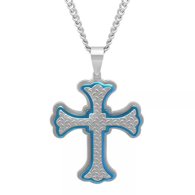 Mens Jewelry Nation Stainless Steel Trim Texture Cross Pendant Necklace Blue Two Tone Product Image