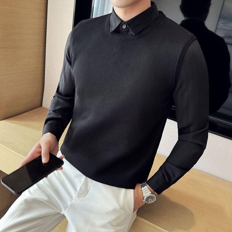 Mock Two-Piece Long-Sleeve Knit Panel Shirt Product Image