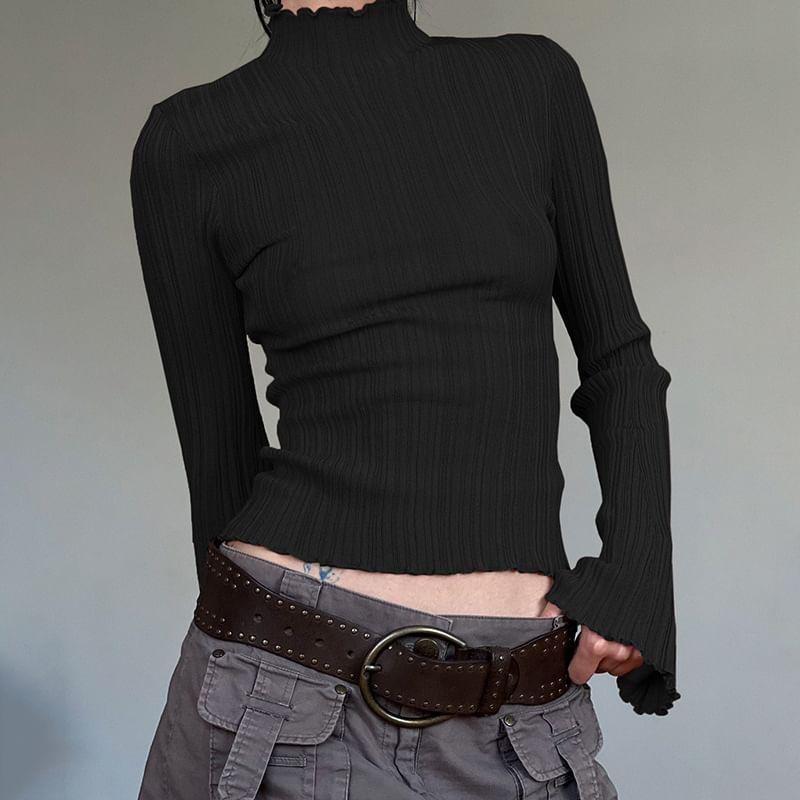 Long Sleeve Mock Neck Plain Ruffle Trim Ribbed Knit Crop Top Product Image