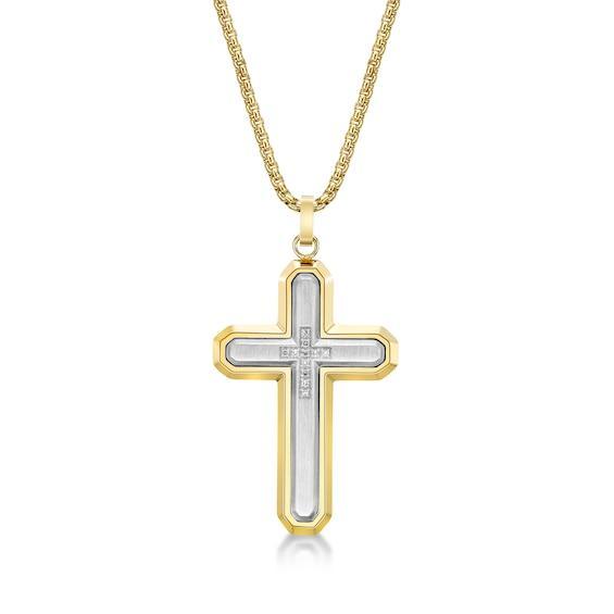 Men's 1/20 CT. T.w. Diamond Inlay Outline Cross Pendant in Stainless Steel and Gold IP - 24" Product Image