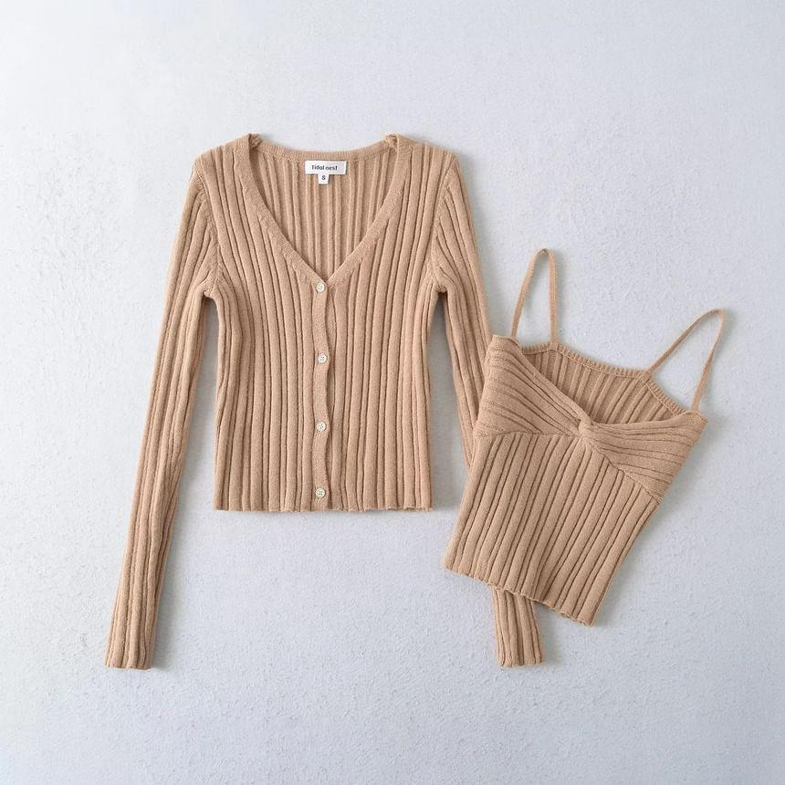 Set: Plain Cardigan + Twisted Crop Cami Top Product Image