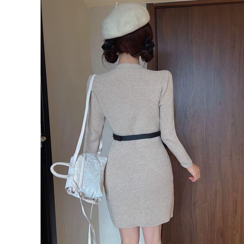 Long-Sleeve Crew Neck Plain Button-Up Mini Sheath Knit Dress Product Image