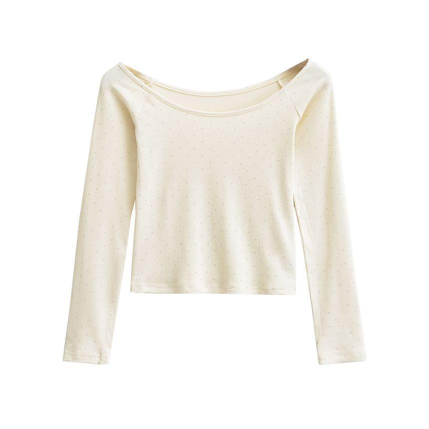 Long Sleeve Off-Shoulder Dotted Slim-Fit Crop Top Product Image