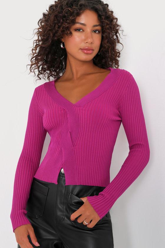 Elevated Vibes Magenta Ribbed Long Sleeve Sweater Top Product Image