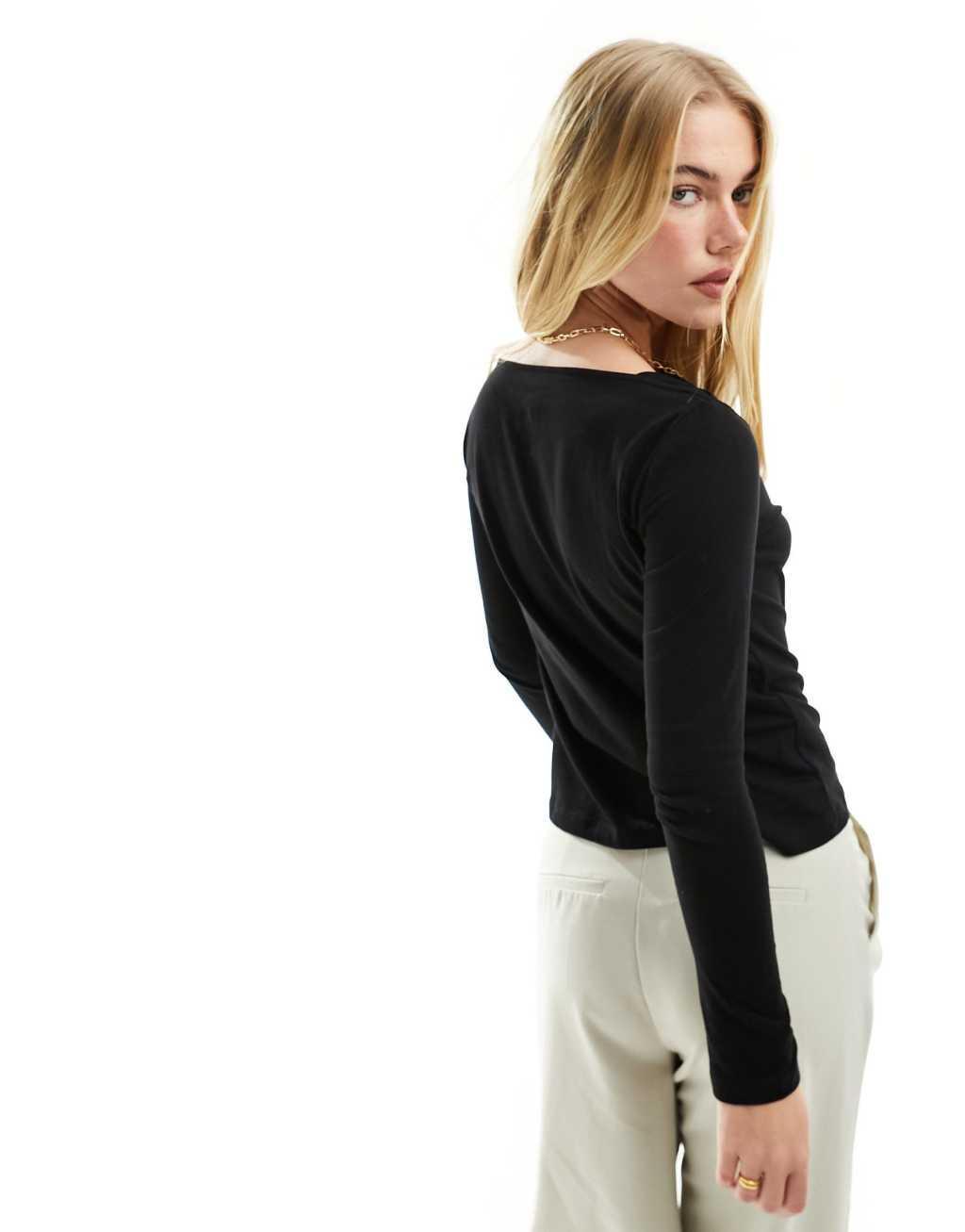 Mango slash neck long sleeve top in black Product Image