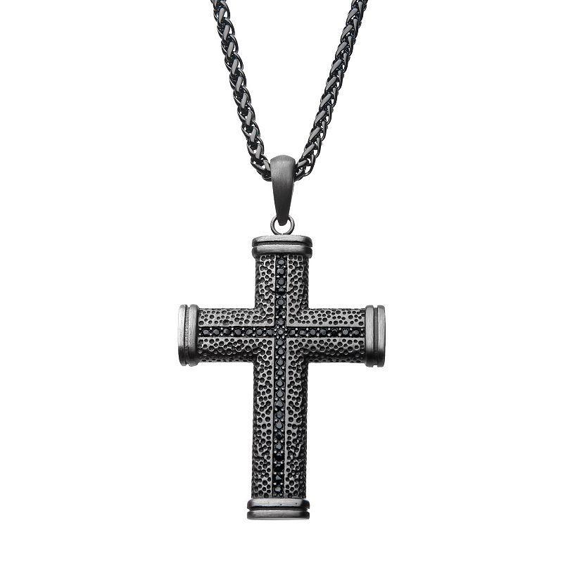 Mens Stainless Steel Black Cubic Zirconia Pendant Necklace Two Tone Product Image