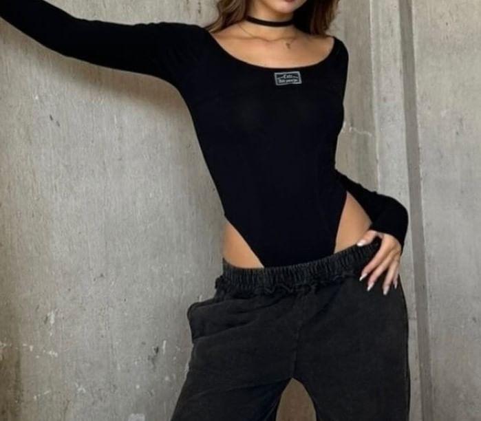 Long Sleeve Scoop Neck Applique Bodysuit Top Product Image