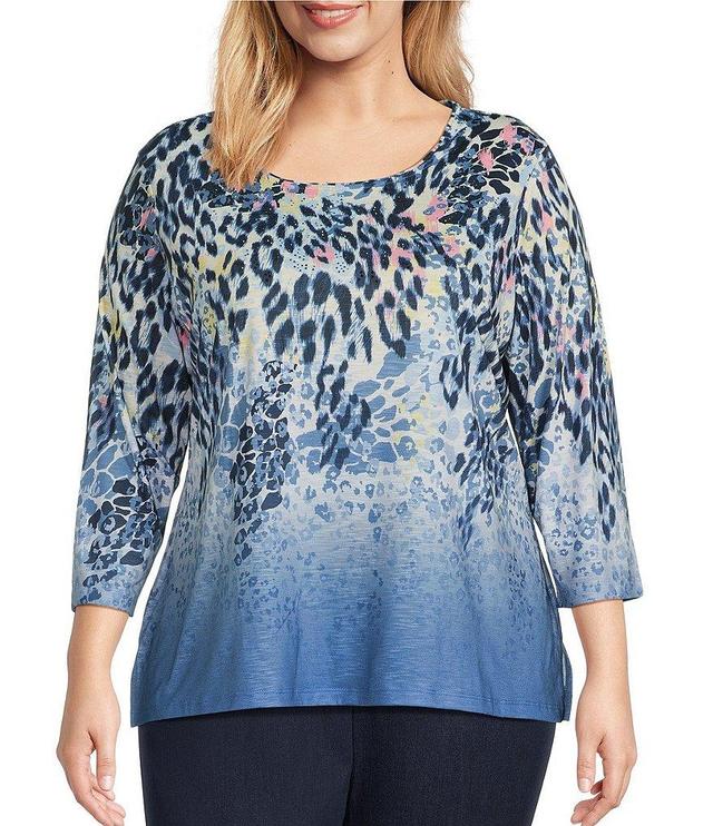 Allison Daley Plus Size Embellished Animal Ombre Print 3/4 Sleeve Crew Neck Knit Top Product Image