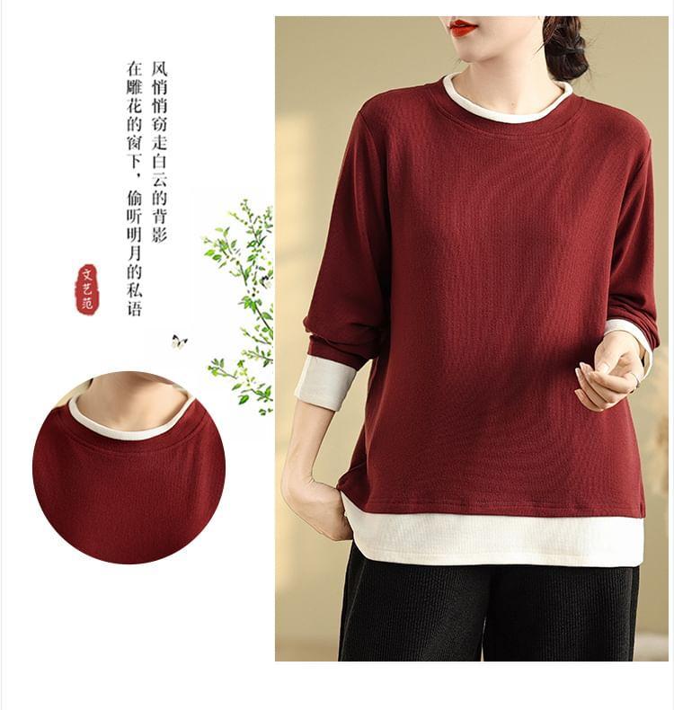 Mock Two-Piece Long-Sleeve Crewneck Two Tone Tee Product Image