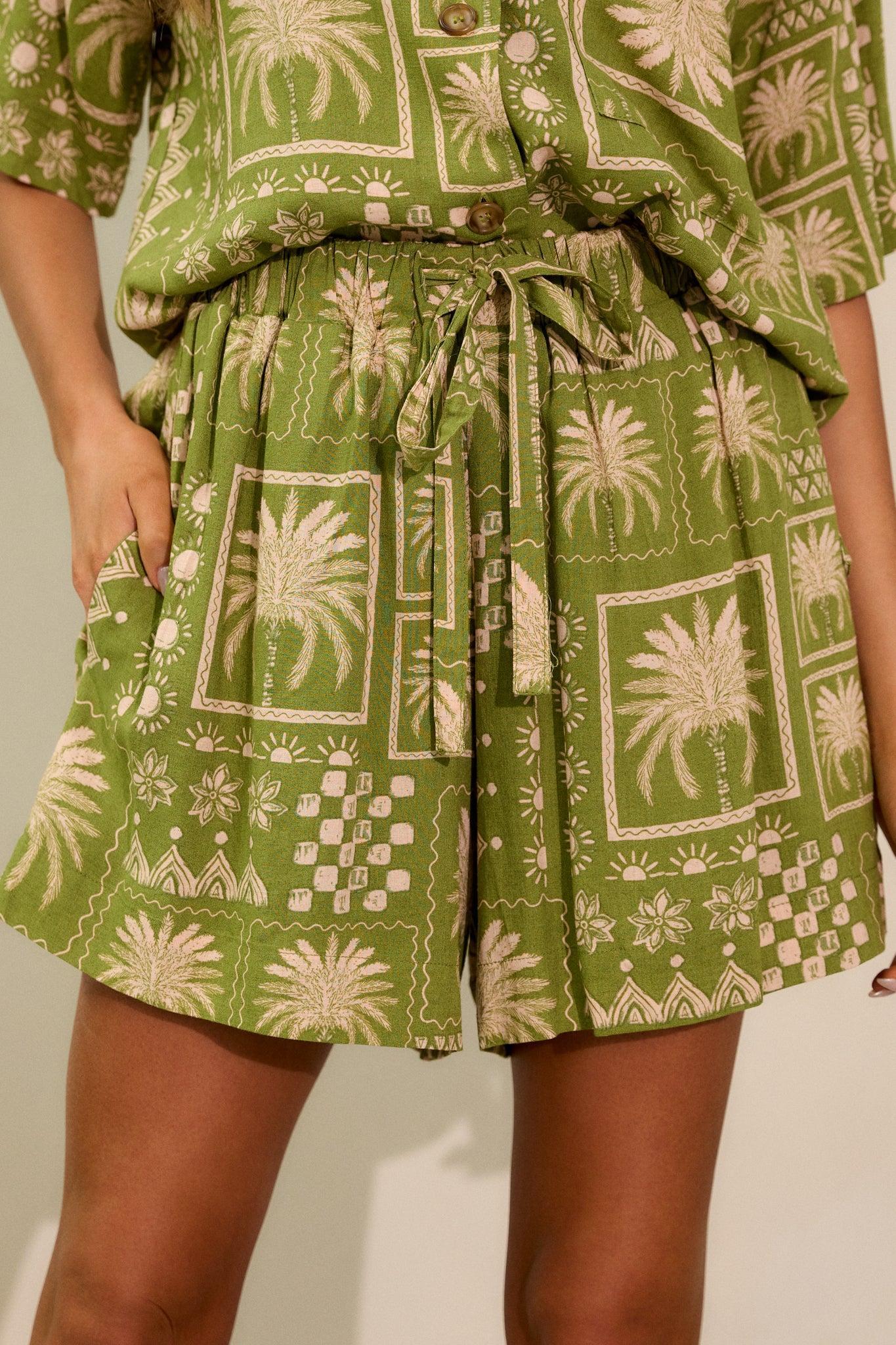 Lost in Paradise Olive Green Tropical Print Shorts Product Image