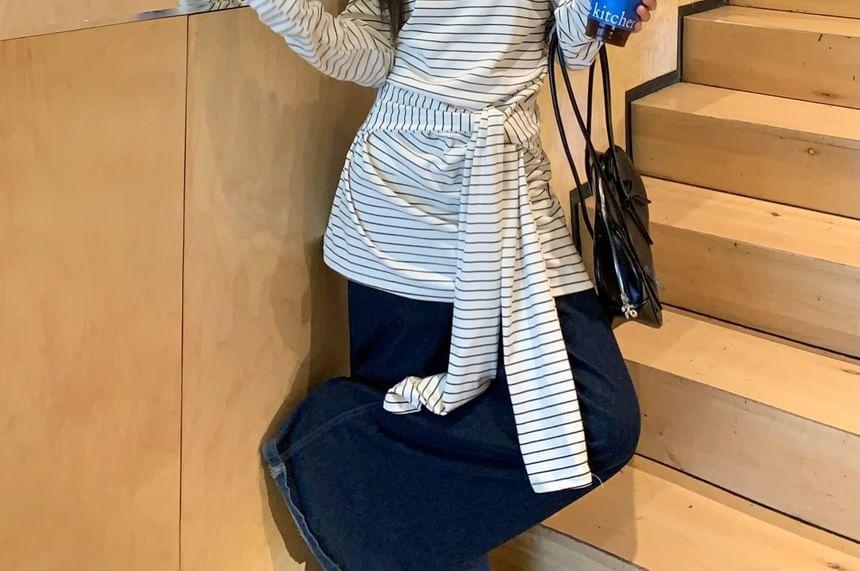 Long Sleeve Off Shoulder Striped Tie-Up Top Product Image