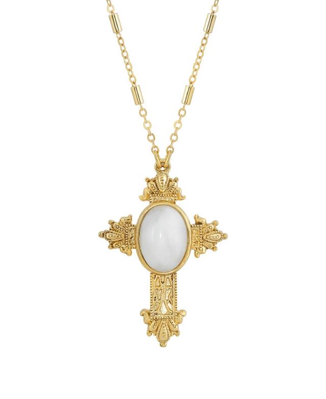 1928 Gold Tone White Quartz Cross Necklace, Womens Product Image