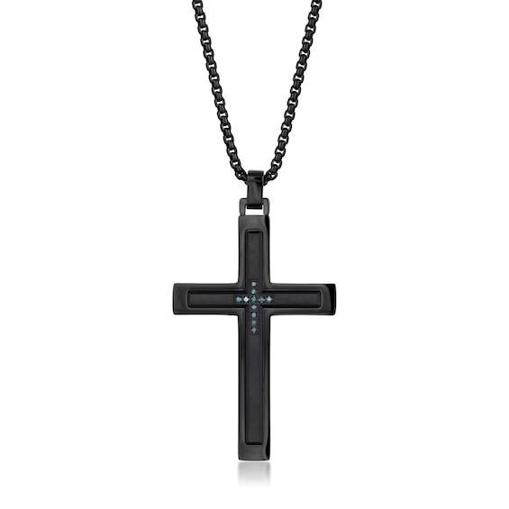 Men's 1/20 CT. T.w. Blue Diamond Inlay Cross Pendant in Stainless Steel and Black IP - 24" Product Image