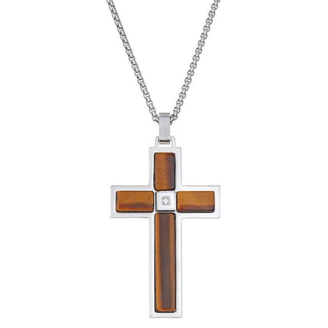 Mens LYNX Stainless Steel Cubic Zirconia Cross Pendant Necklace Brown Product Image