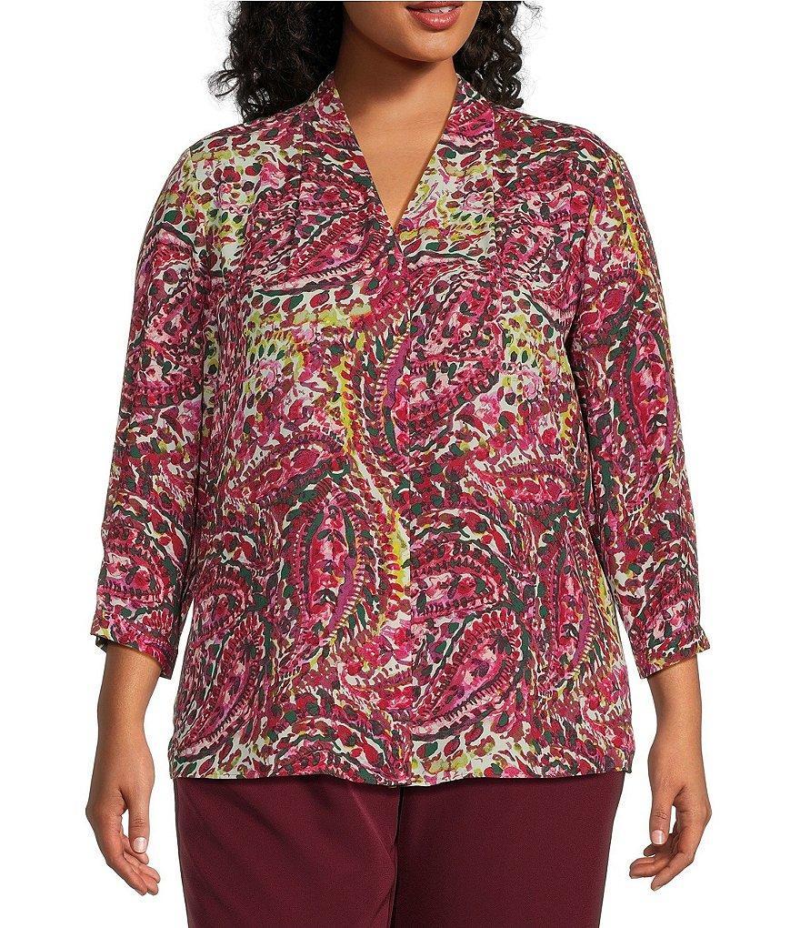 Investments Plus Size Caroline Signature Elegant Paisley V-Neck 3/4 Sleeve Button Front Top Product Image