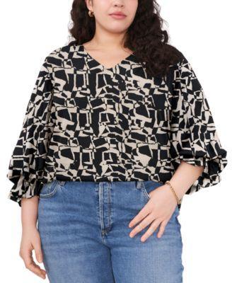 Plus Size Printed Puff-Sleeve Blouse Product Image