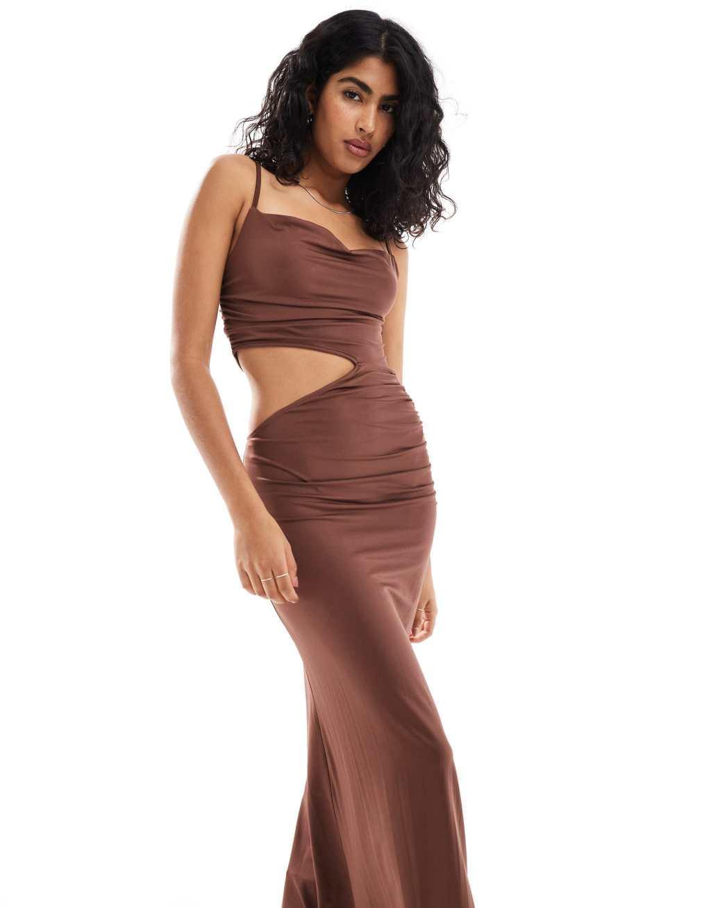 ASOS DESIGN cut out slinky maxi dress in brown Product Image