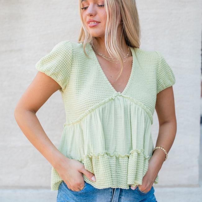 Rays Of Hope Green Waffle And Gauze Babydoll Top Product Image