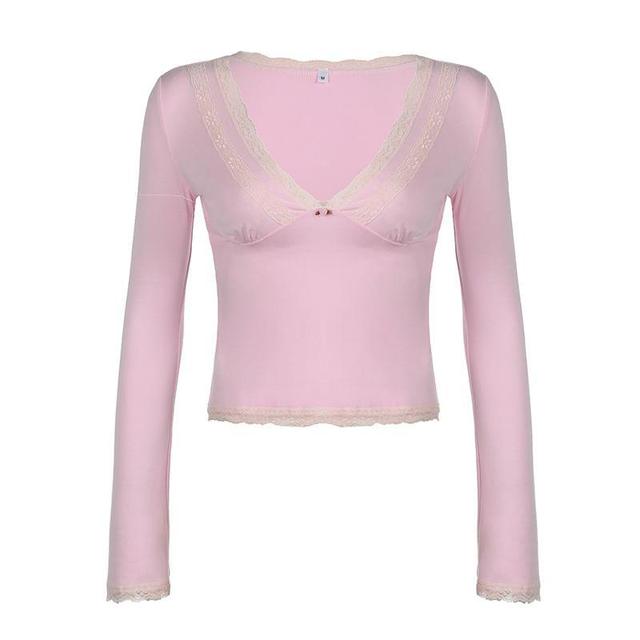 Long Sleeve V-Neck Lace-Trim Slim-Fit Top Product Image