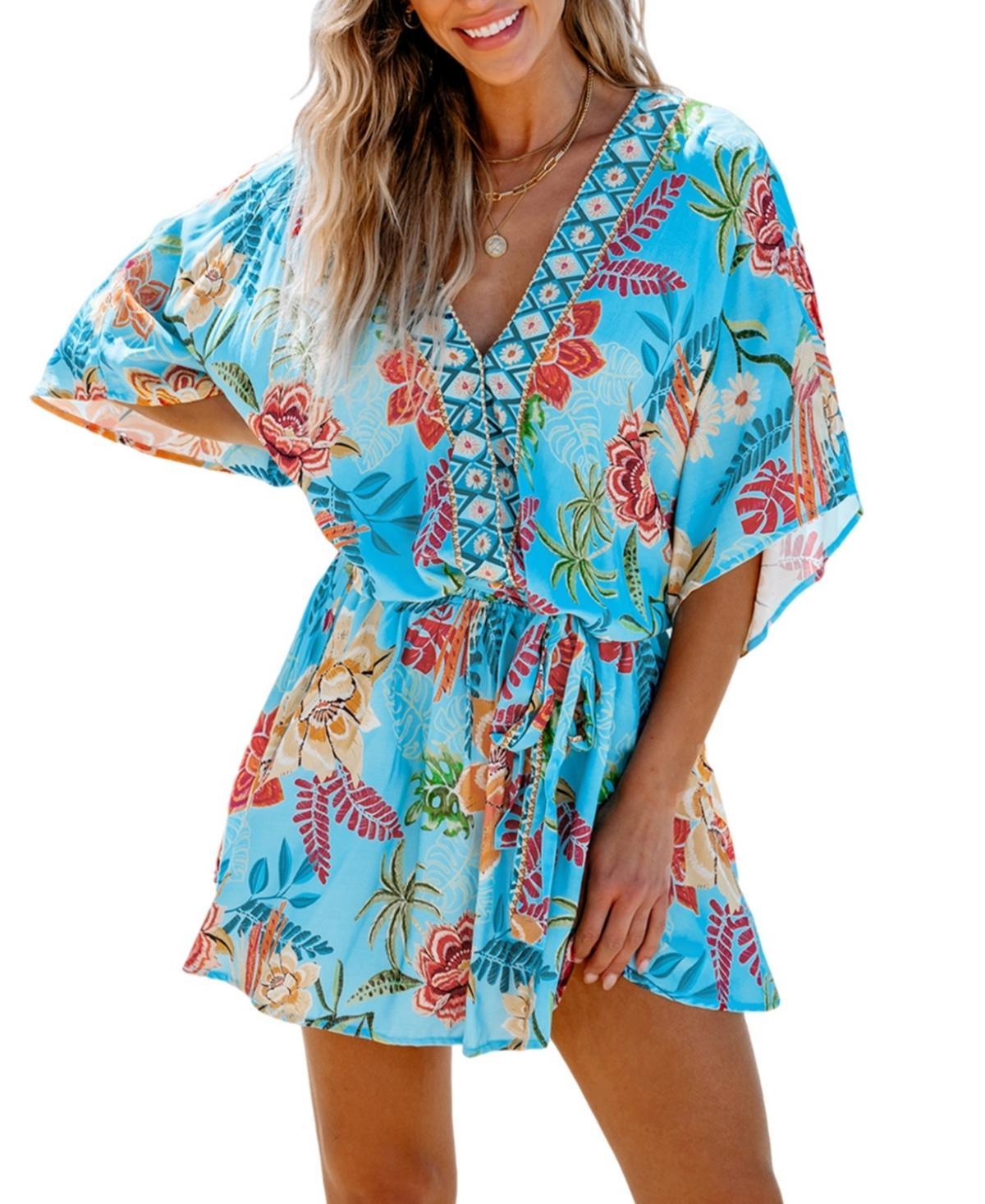 Women's Blue Tropical Dolman Sleeve Mini Beach Dress product image