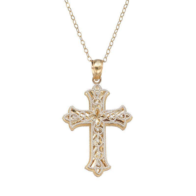 14k Gold Two Tone Filigree Cross Pendant Necklace, Womens Product Image