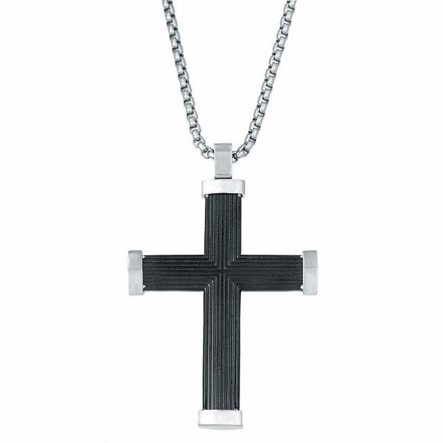 Mens LYNX Black Ion-Plated Stainless Steel Box Chain Cross Pendant Necklace Product Image