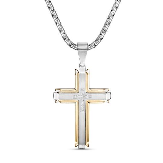 Men's 1/10 CT. T.w. Diamond Multi-Finish Layered Industrial Cross Pendant in Stainless Steel and Yellow IP - 24" Product Image