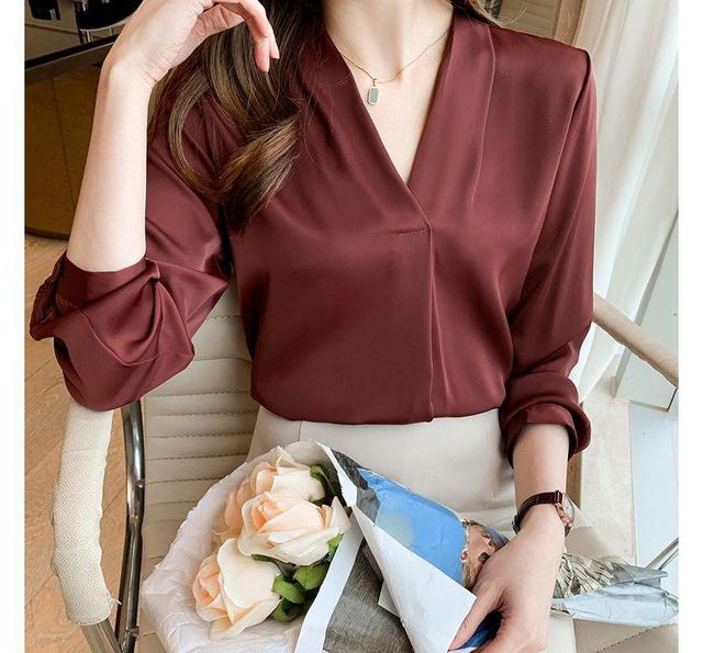 Long-Sleeve V-Neck Plain Blouse Product Image