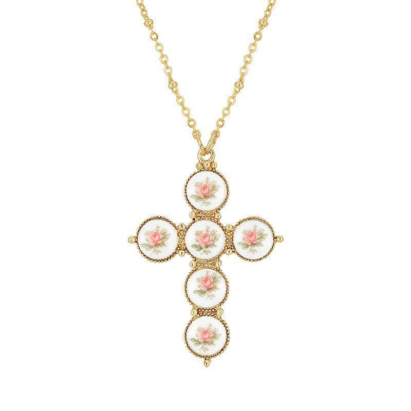 1928 Gold Tone Pink Flower Decal Cross Pendant Necklace, Womens Product Image