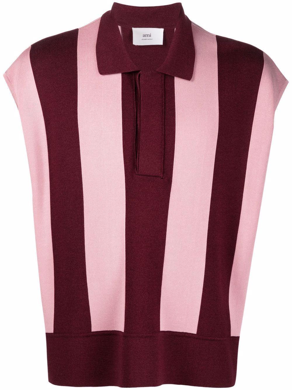 Vertical-stripe Sleeveless Polo Shirt In Red Product Image