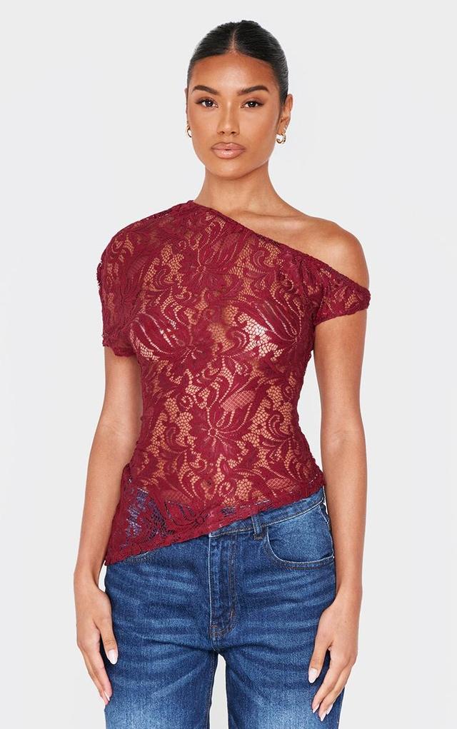 Burgundy Lace Detail Asymmetric Longline Top Product Image