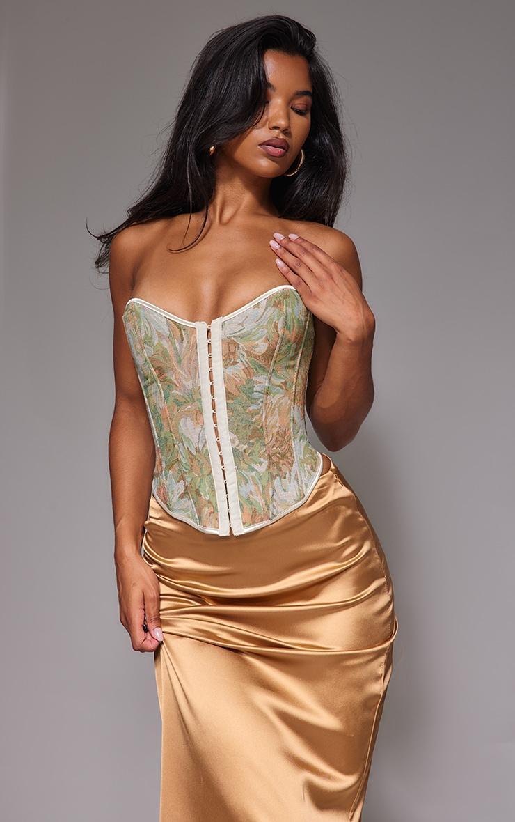 Green Contrast Binding Jacquard Hook & Eye Corset Product Image