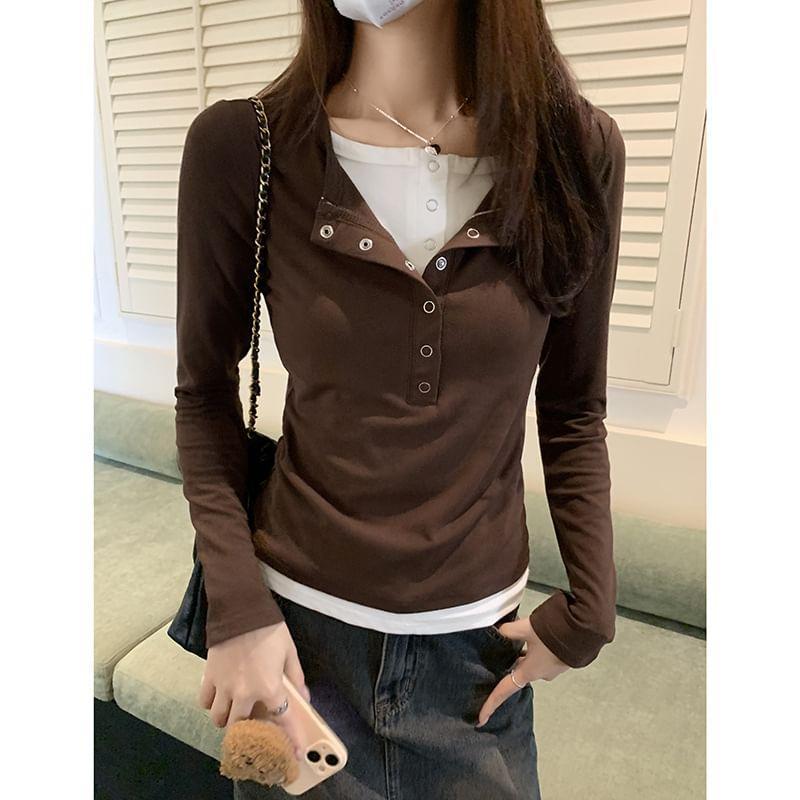 Long Sleeve Henley Mock Two Piece Tee Product Image