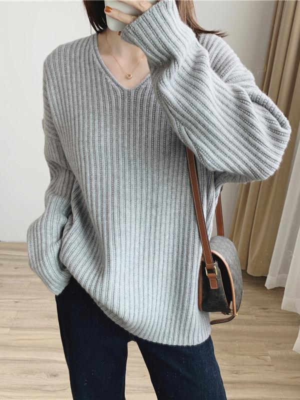 Casual Long Sleeves Loose Solid Color V-Neck Sweater Tops Product Image