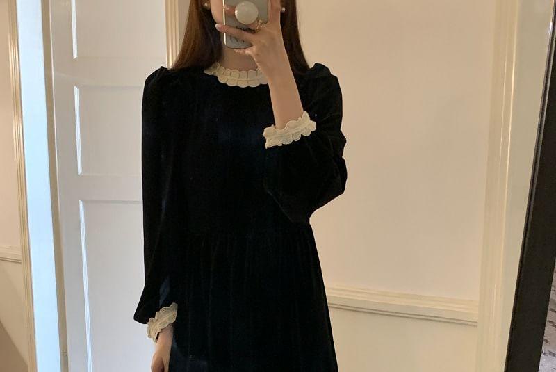 Long-Sleeve Frill Trim Velvet Maxi A-Line Dress Product Image