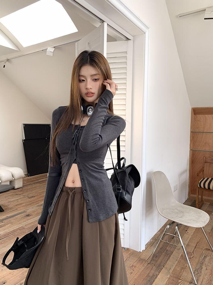 Long-Sleeve Halter Neck Mock Two-Piece Plain Button-Up Slim Fit Top Product Image