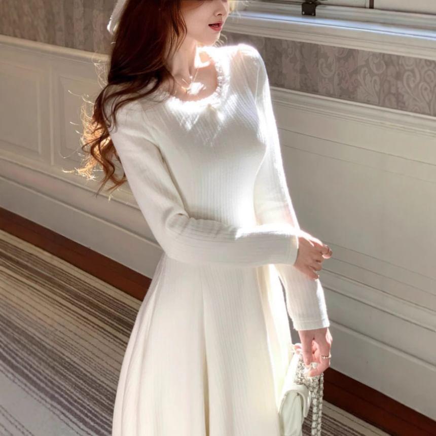 Long Sleeve Ruffled-Trim Bow Accent Plain Knitted Midi A-Line Dress Product Image