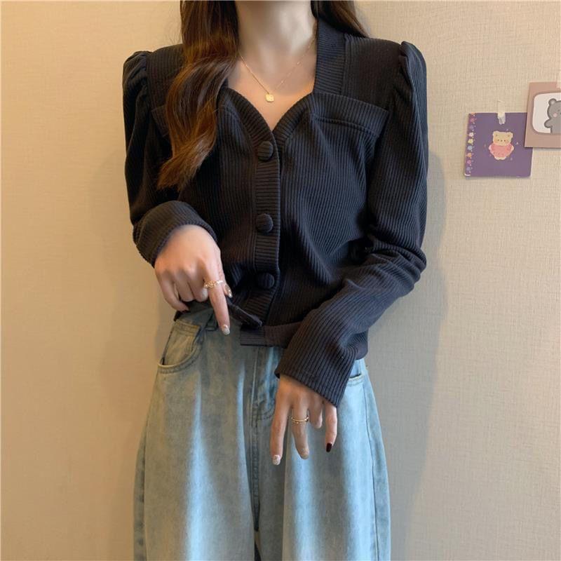 Long-Sleeve Plain Button-Up Ribbed Knit Top Product Image