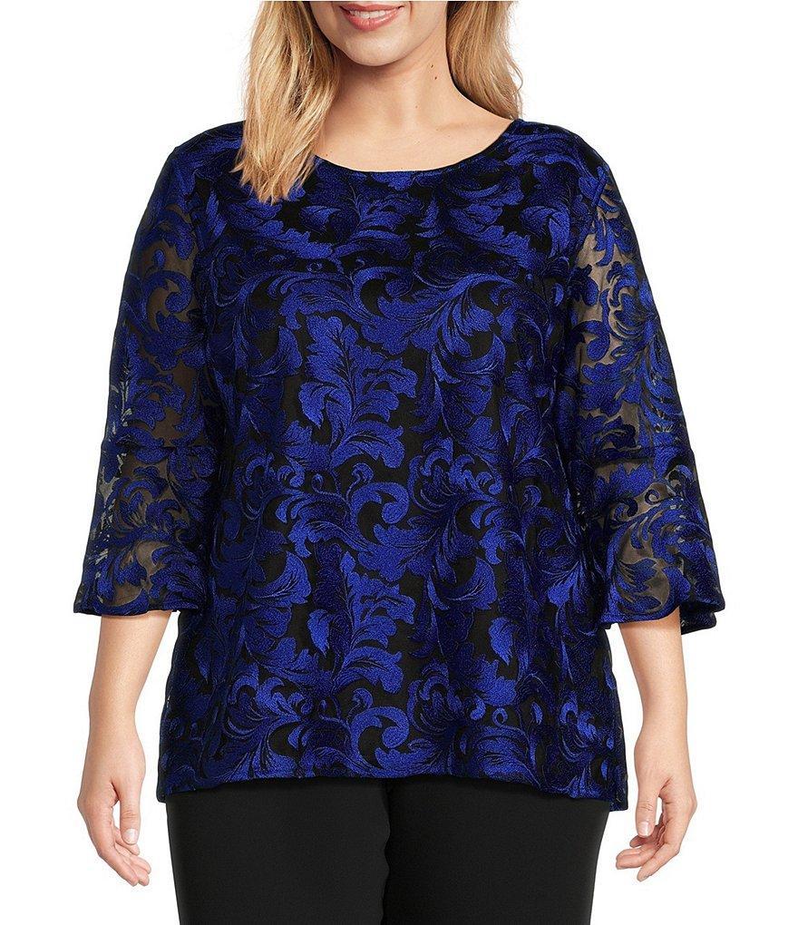 Caroline Rose Plus Size Bella Soiree Embroidered Mesh Lace Scoop Neck 3/4 Bell Sleeve Tunic Product Image