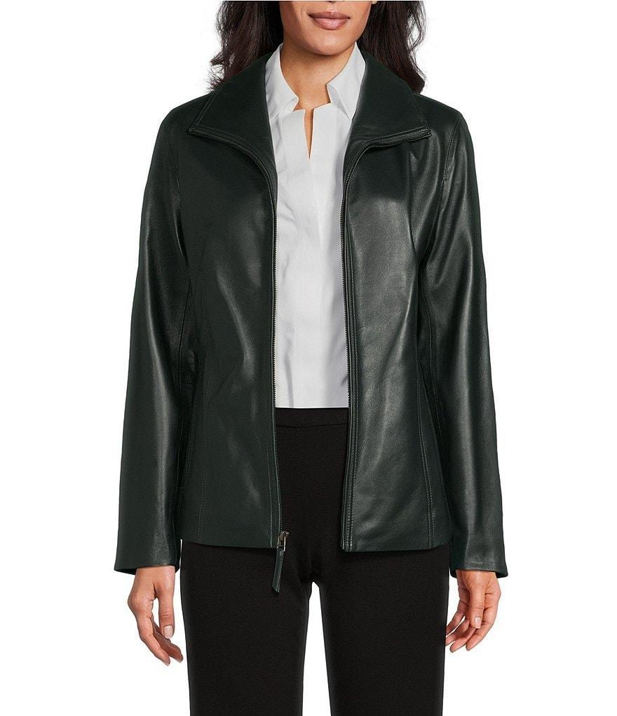 Investments Genuine Lamb Leather Long Sleeve Wing Collar Zip Front Jacket Product Image