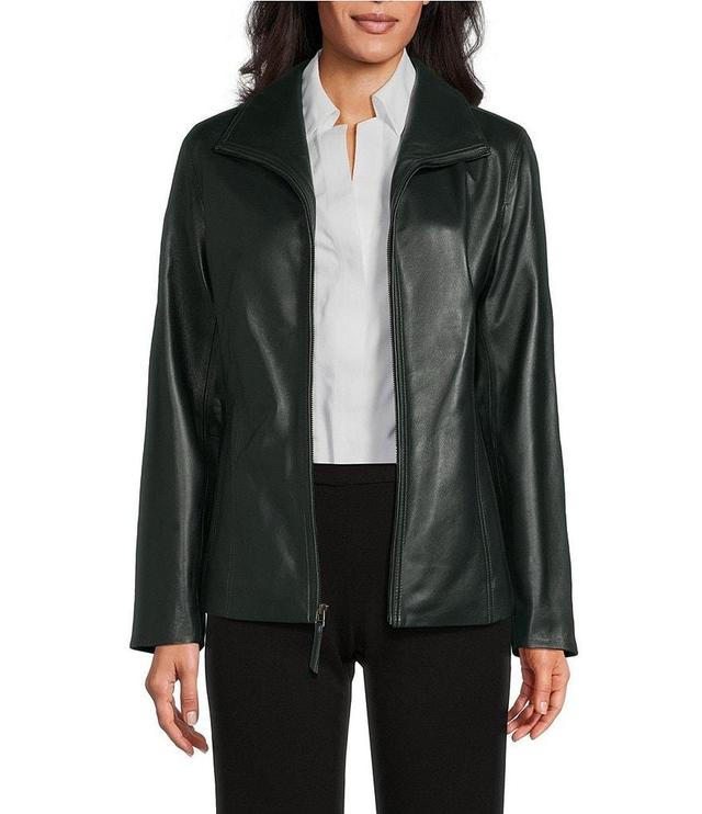 Investments Genuine Lamb Leather Long Sleeve Wing Collar Zip Front Jacket Product Image