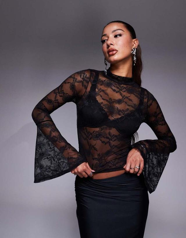 ASOS DESIGN fluted cuffs lace mock neck top in black Product Image