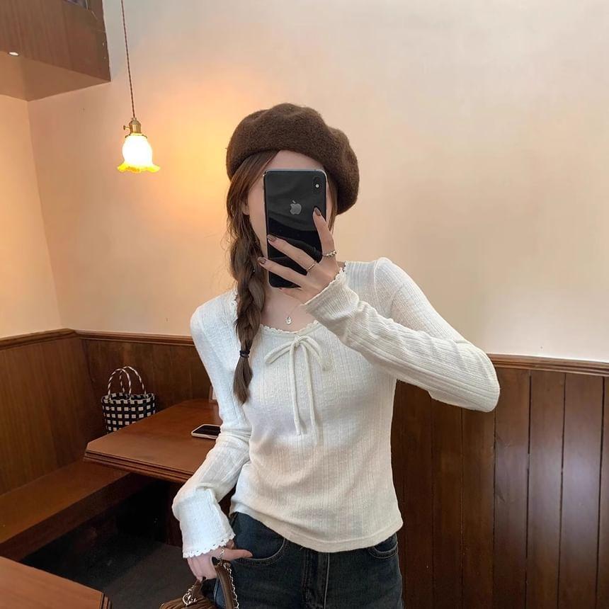 Long Sleeve Lace-Trim Bow Accent Plain Slim-Fit Knit Top Product Image