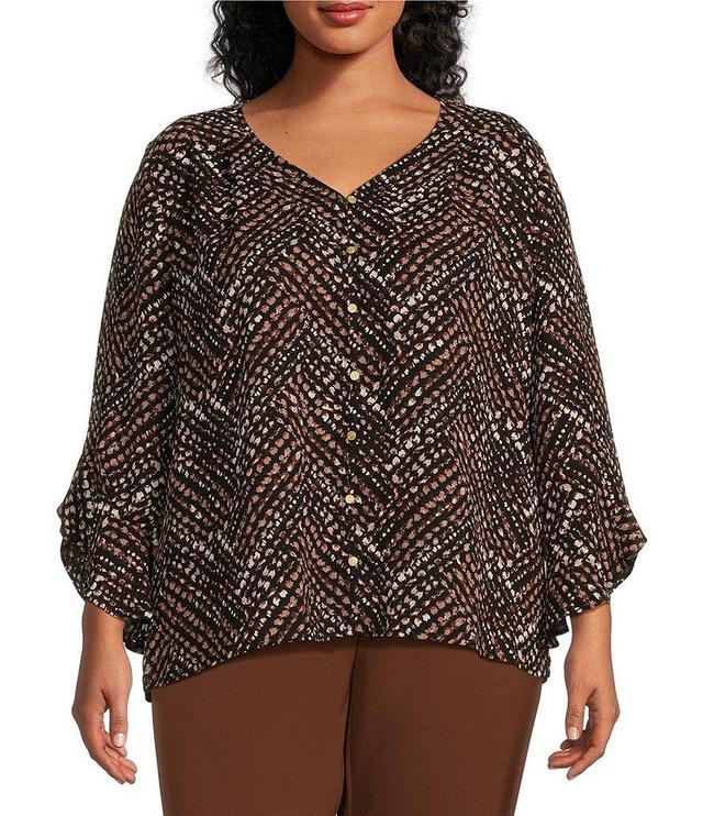 Investments Plus Size Dashed Chevron Print Woven Faux Button Front V-Neck 3/4 Flare Ruffle Sleeve Top Product Image