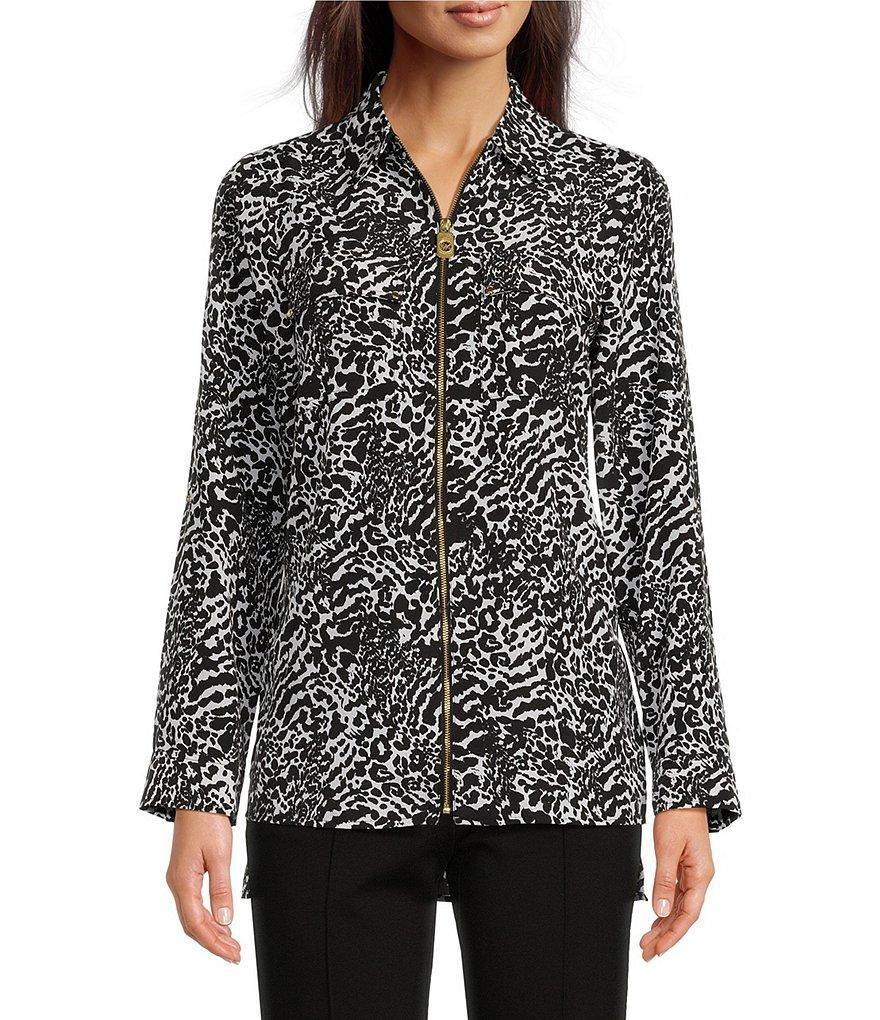 MICHAEL Michael Kors Woven Ocelot Dogtag Inverted Graphic Collared Long Sleeve Top Product Image