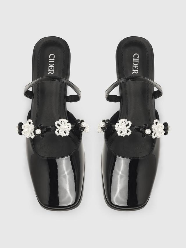 Faux Leather Floral Faux Pearl Square Toe Mary Jane Flats Product Image