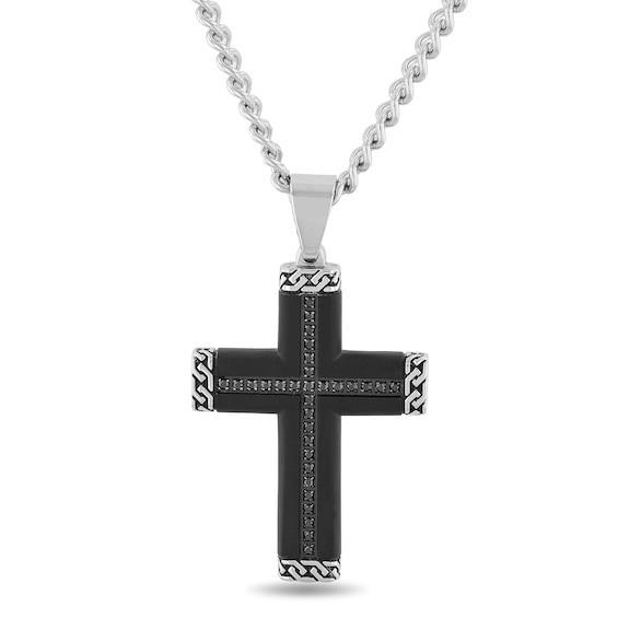 Men's 1/4 CT. T.w. Black Enhanced Diamond Chain Link-Ends Cross Pendant in Stainless Steel and Black IP - 24" Product Image