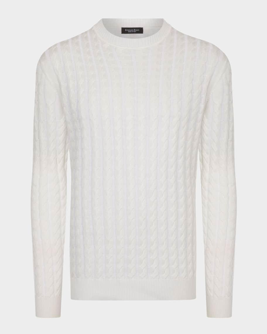 Men's Silk and Cotton Cable Knit Crewneck Sweater Product Image