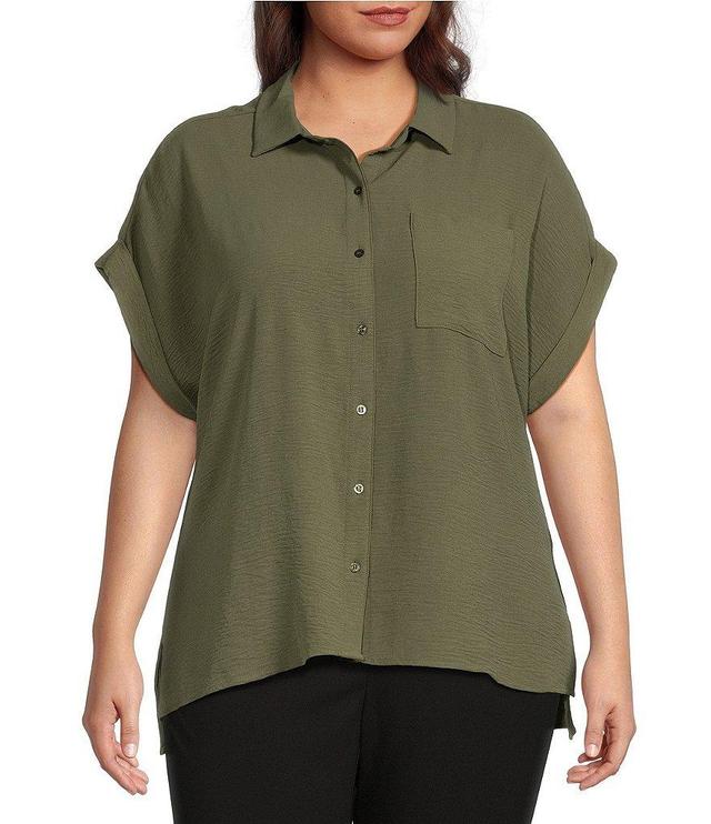 Calvin Klein Plus Size Puckered Woven Short Cuffed Sleeve Button Front Point Collar High-Low Top Product Image